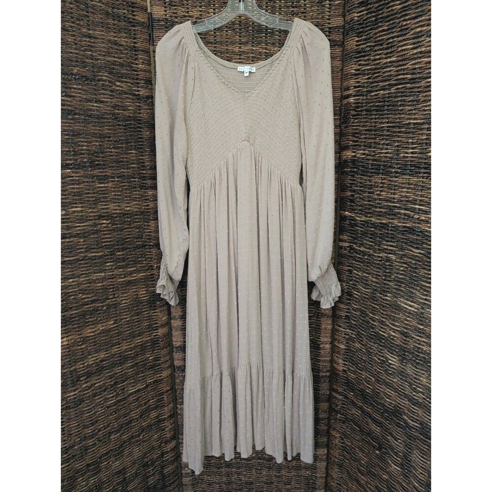 Baltic Born Lainey Swiss Dot Smocked Tiered Midi Dress Medium Beige Maternity